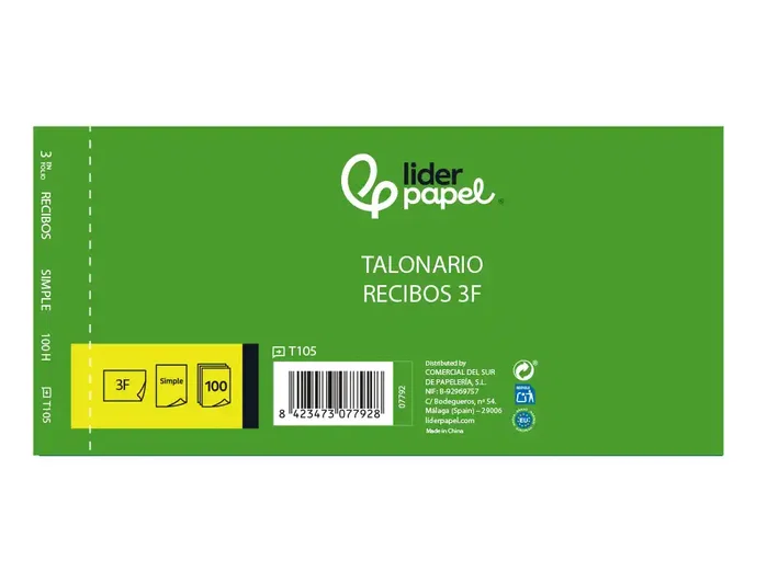 Liderpapel Talonario de recibos tres en folio apaisado con matriz