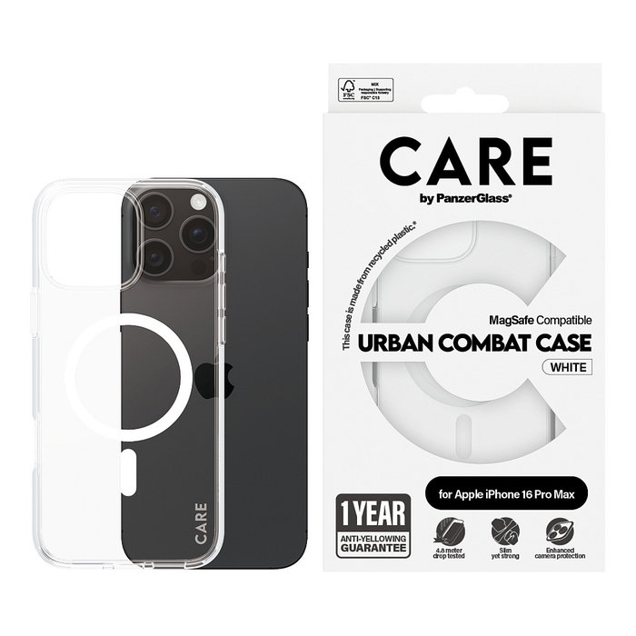 PanzerGlass CARE Flagship Case Urban Combat Transparente / Blanco MagSafe para iPhone 16 Pro Max PanzerGlass CARE Flagship Case Urban Combat Transparente / Blanco MagSafe para iPhone 16 Pro Max