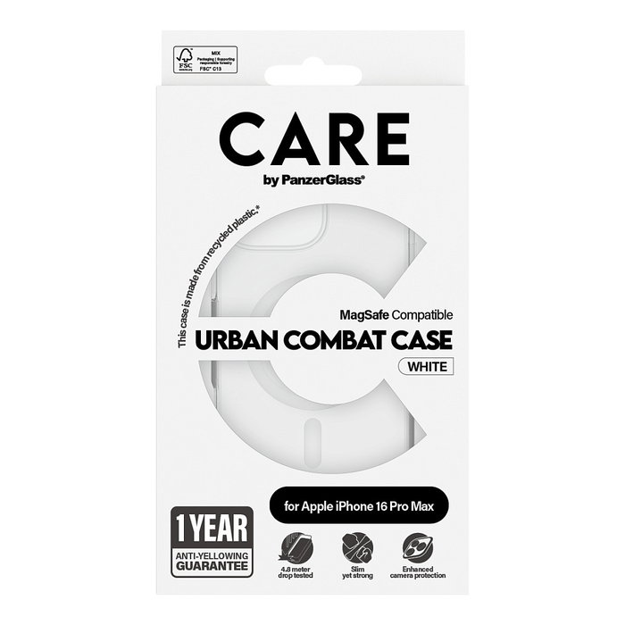 PanzerGlass CARE Flagship Case Urban Combat Transparente / Blanco MagSafe para iPhone 16 Pro Max PanzerGlass CARE Flagship Case Urban Combat Transparente / Blanco MagSafe para iPhone 16 Pro Max