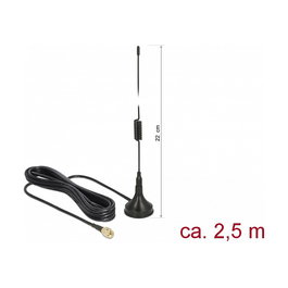 DELOCK Antena Exterior GSM/UMTS/LTE 900-1800 MHz, 2 dBi, Omnidireccional Rígida, Conector SMA Plug, Cable RG-174 de 2.5 m, Negro