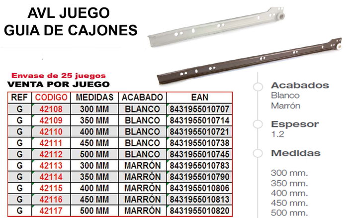 AVL Guía Cajones 300 mm Blanca REF-G AVL Guía Cajones 300 mm Blanca REF-G