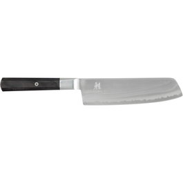 Miyabi Nakiri 4000FC 18 cm de vegetales, madera pakkawood oscura<|image><|image>-style Japanese-style knife designed for slicing and peeling vegetables and fruit. Its flat, wide blade helps you make clean, even cuts. Its octagonal handle made of dark pakkawood includes a decorative mosaic pin, inspired by traditional samurai amulets. Crafted in Seki, Japan. Features:<ul><li>Blade made of FC61 steel with approx. 61 HRC for long-lasting sharpness</li><li>Sharpened by hand using the Honbazuke method for a fine cutting angle</li><li>Octagonal pakkawood handle for a firm grip</li><li>Mosaic pin in the handle as a visual detail</li><li>Traditional Nakiri shape for vegetables and fruit</li><li>Smooth edge for clean cuts</li><li>Handle with hidden tang construction for stability</li><li>Blade with engraved MIYABI logo</li><li>Dimensions (W x H x L): 1.9 x 5.4 x 33.2 cm</li><li>Weight: 190 g</li></ul>