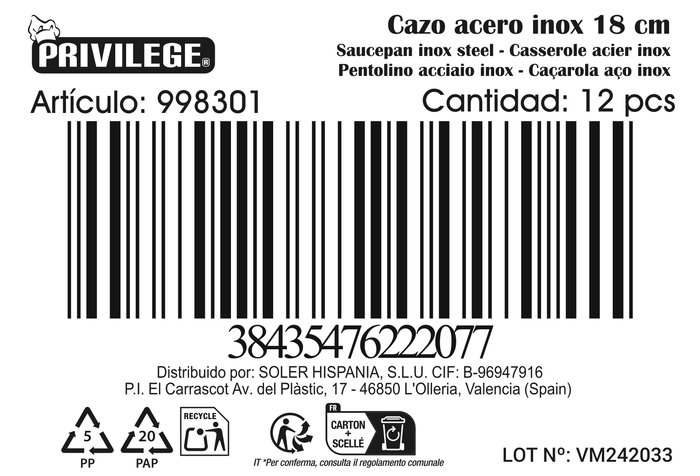 Privilege Cazo 18 cm Acero Inoxidable 1700 ml (12 Unidades)