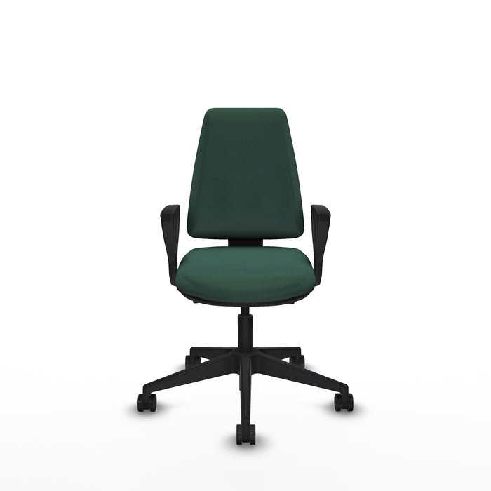 Silla de oficina Elche con mecanismo Asincro tapizada con Tela color Verde botella. Equipada con Base piramidal negra, Brazos fijos y Ruedas 65mm nailon