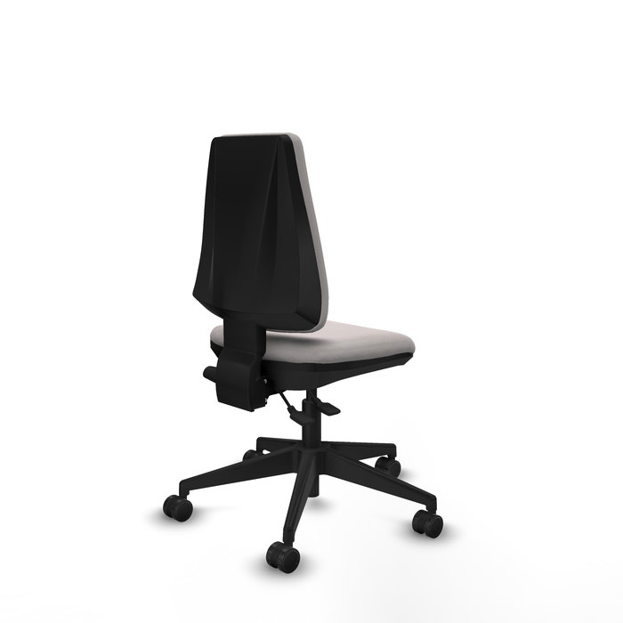 Silla de oficina Elche con mecanismo Asincro tapizada con Similpiel color Blanco. Equipada con Base piramidal negra, Sin brazos y Ruedas 65mm nailon