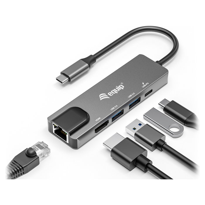 Equip Adaptador Multifunción USB-C 5 en 1 133489 con HDMI 4K, Gigabit LAN y 100W PD