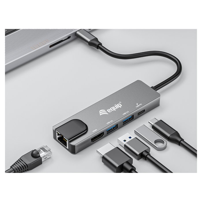 Equip Adaptador Multifunción USB-C 5 en 1 133489 con HDMI 4K, Gigabit LAN y 100W PD