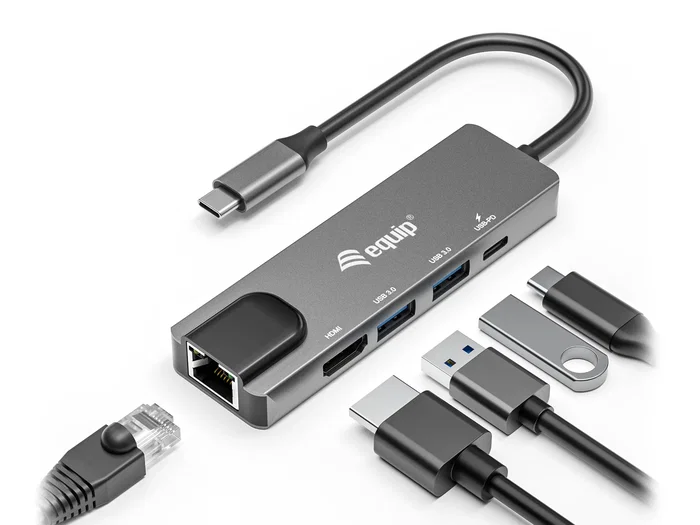 Equip Adaptador USB-C 5 en 1 133489 con HDMI 4K/30Hz, Gigabit Ethernet, 2xUSB 3.0, Power Delivery 100W, Cable 25cm, Aluminio, Gris, para Mac y Windows Equip Adaptador USB-C 5 en 1 133489 con HDMI 4K/30Hz, Gigabit Ethernet, 2xUSB 3.0, Power Delivery 100W, Cable 25cm, Aluminio, Gris, para Mac y Windows