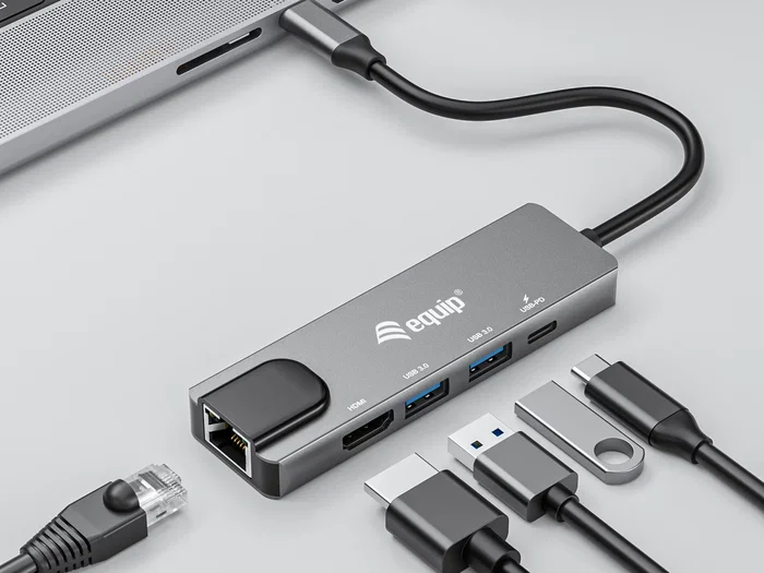 Equip Adaptador USB-C 5 en 1 133489 con HDMI 4K/30Hz, Gigabit Ethernet, 2xUSB 3.0, Power Delivery 100W, Cable 25cm, Aluminio, Gris, para Mac y Windows Equip Adaptador USB-C 5 en 1 133489 con HDMI 4K/30Hz, Gigabit Ethernet, 2xUSB 3.0, Power Delivery 100W, Cable 25cm, Aluminio, Gris, para Mac y Windows