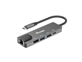 Equip Adaptador USB-C 5 en 1 133489 con HDMI 4K/30Hz, Gigabit Ethernet, 2xUSB 3.0, Power Delivery 100W, Cable 25cm, Aluminio, Gris, para Mac y Windows
