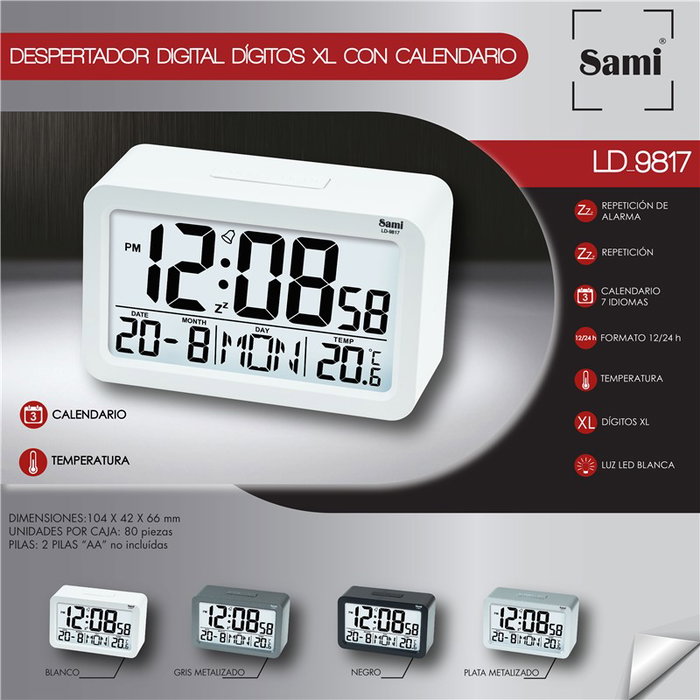 SAMI Despertador con pantalla LCD digital XL, temperatura y calendario, negro SAMI Despertador con pantalla LCD digital XL, temperatura y calendario, negro