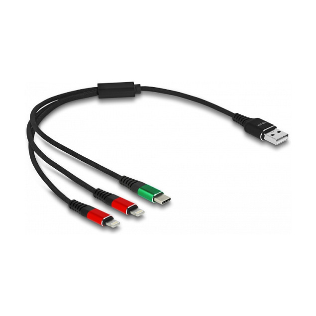 DeLOCK Cable de carga 3 en 1 USB-A a 2 x Lightning/USB-C 30 cm, Negro, Verde, Rojo DeLOCK Cable de carga 3 en 1 USB-A a 2 x Lightning/USB-C 30 cm, Negro, Verde, Rojo