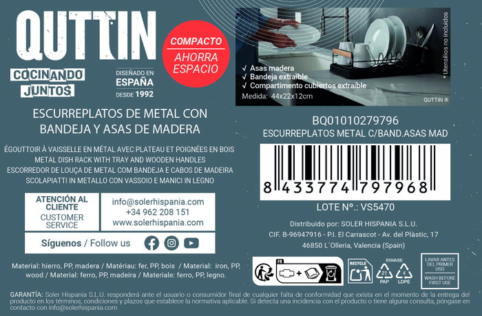 Inde Escurreplatos de Metal con Bandeja y Asas de Madera Quttin 44,8 x 22,6 x 11,9 cm (6 Unidades)