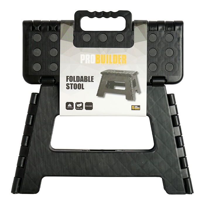 Probuilder Banqueta Plegable Negra, 35x28.5x22 cm (Plegada 35x4x35 cm), Capacidad 150 kg, Asa Incorporada