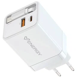Energy Sistem Cargador GaN 20W con Cable USB-C Retráctil y Puerto USB-A Blanco