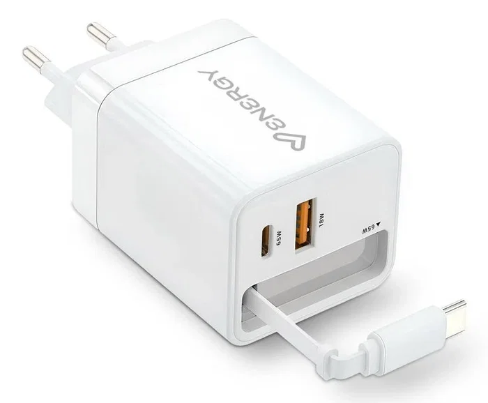 Energy Sistem Cargador GaN 20W con Cable USB-C Retráctil y Puerto USB-A Blanco