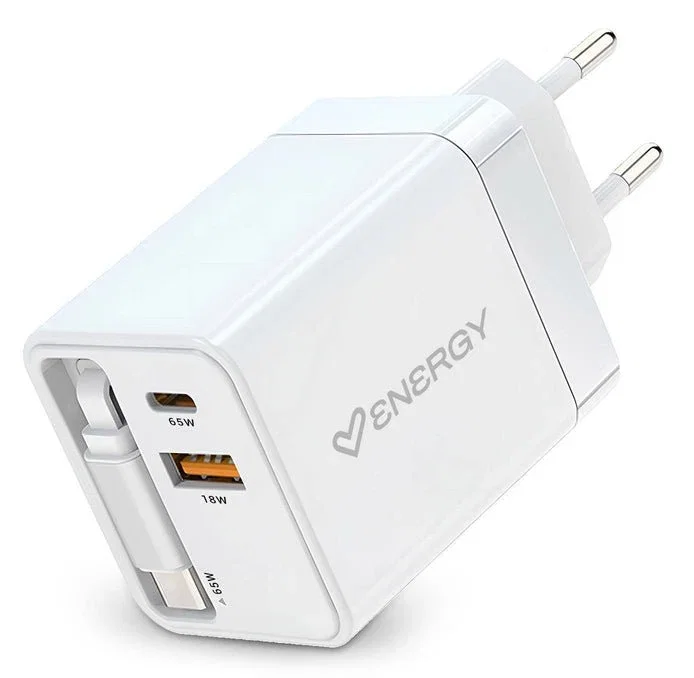 Energy Sistem Cargador GaN 20W con Cable USB-C Retráctil y Puerto USB-A Blanco
