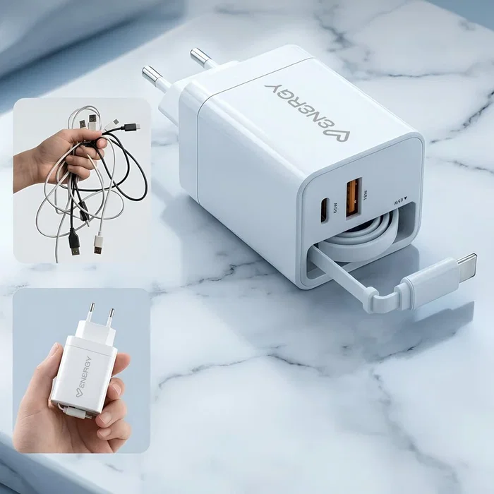 Energy Sistem Cargador GaN 20W con Cable USB-C Retráctil y Puerto USB-A Blanco