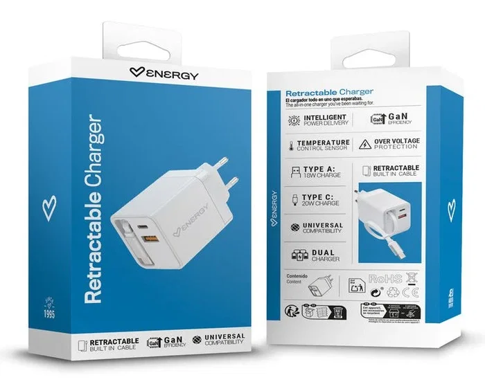 Energy Sistem Cargador GaN 20W con Cable USB-C Retráctil y Puerto USB-A Blanco