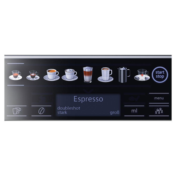 Siemens TE657F09DE EQ.6 plus extraKlasse Cafetera Superautomática espresso 19 bar, Molinillo, Espumador, 1.7L, 3 Temperaturas, Pantalla Táctil, Dark Inox/Acero Inoxidable