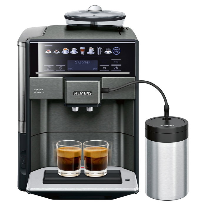Siemens TE657F09DE EQ.6 plus extraKlasse Cafetera Superautomática espresso 19 bar, Molinillo, Espumador, 1.7L, 3 Temperaturas, Pantalla Táctil, Dark Inox/Acero Inoxidable