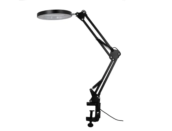 Q-Connect Lámpara de Escritorio LED Hadar 8W 380lm - Brazo Doble Articulado con Lupa y Pinza, Color Ajustable (3000K/4000K/6000K), Negro