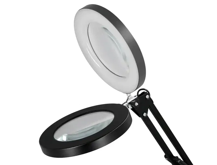 Q-Connect Lámpara de Escritorio LED Hadar 8W 380lm - Brazo Doble Articulado con Lupa y Pinza, Color Ajustable (3000K/4000K/6000K), Negro