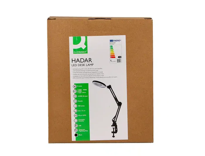 Q-Connect Lámpara de Escritorio LED Hadar 8W 380lm - Brazo Doble Articulado con Lupa y Pinza, Color Ajustable (3000K/4000K/6000K), Negro