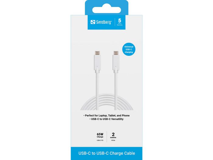 Sandberg Cable de Carga USB-C 2m 65W Blanco para Ordenador Portátil, Tablet y Smartphone Sandberg Cable de Carga USB-C 2m 65W Blanco para Ordenador Portátil, Tablet y Smartphone