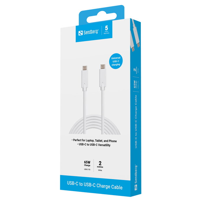 Sandberg Cable de Carga USB-C a USB-C 2m 65W Blanco Sandberg Cable de Carga USB-C a USB-C 2m 65W Blanco
