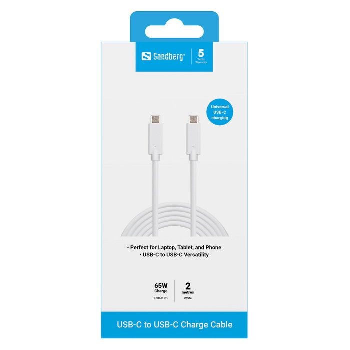 Sandberg Cable de Carga USB-C a USB-C 2m 65W Blanco Sandberg Cable de Carga USB-C a USB-C 2m 65W Blanco