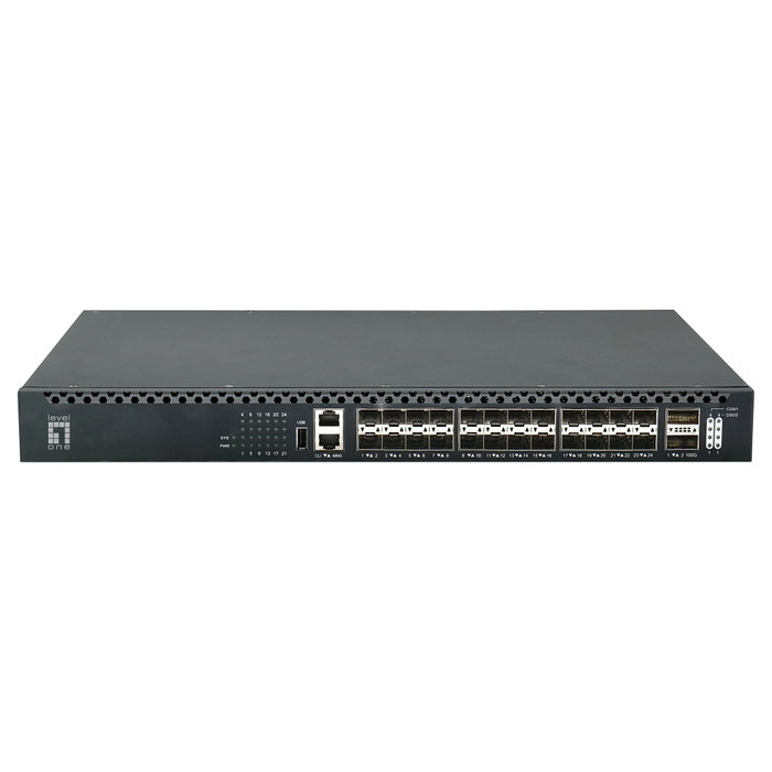 Level One XQS-3126 Switch de red gestionado L3 con 24x SFP+ y 2x QSFP28 Level One XQS-3126 Switch de red gestionado L3 con 24x SFP+ y 2x QSFP28