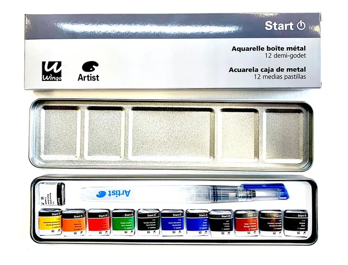 Artist Acuarela Artist Start Caja Metal 12 Colores Surtidos + Pincel Rellenable Alta Calidad Uso Escolar Y Profesional