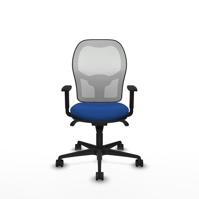 Silla de oficina Jorquera con mecanismo Sincro tapizada con Similpiel color Azul y malla color Blanco. Equipada con lumbar 1D, Brazos 1D y Ruedas 65mm nailon