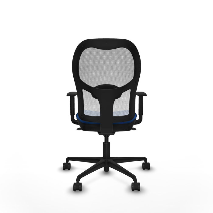 Silla de oficina Jorquera con mecanismo Sincro tapizada con Similpiel color Azul y malla color Blanco. Equipada con lumbar 1D, Brazos 1D y Ruedas 65mm nailon