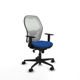 Silla de oficina Jorquera con mecanismo Sincro tapizada con Similpiel color Azul y malla color Blanco. Equipada con lumbar 1D, Brazos 1D y Ruedas 65mm nailon