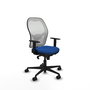 Silla de oficina Jorquera con mecanismo Sincro tapizada con Similpiel color Azul y malla color Blanco. Equipada con lumbar 1D, Brazos 1D y Ruedas 65mm nailon