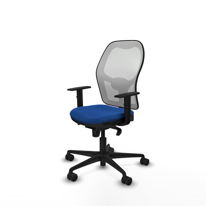 Silla de oficina Jorquera con mecanismo Sincro tapizada con Similpiel color Azul y malla color Blanco. Equipada con lumbar 1D, Brazos 1D y Ruedas 65mm nailon
