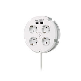 Simon - Base múltiple redonda con interruptor, 4 tomas Schuko 2p+T + 2 puertos USB 2.5A, cable 1.5 m H05VV-F 3G1.5 mm², 16A 250V, blanca, serie 10