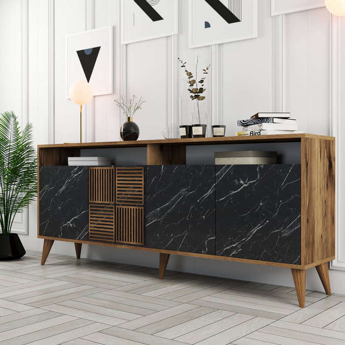 Hanah Home Milan Consola Nogal y Mármol Negro 180cm Ancho Tablero Partículas Melamina Hanah Home Milan Consola Nogal y Mármol Negro 180cm Ancho Tablero Partículas Melamina