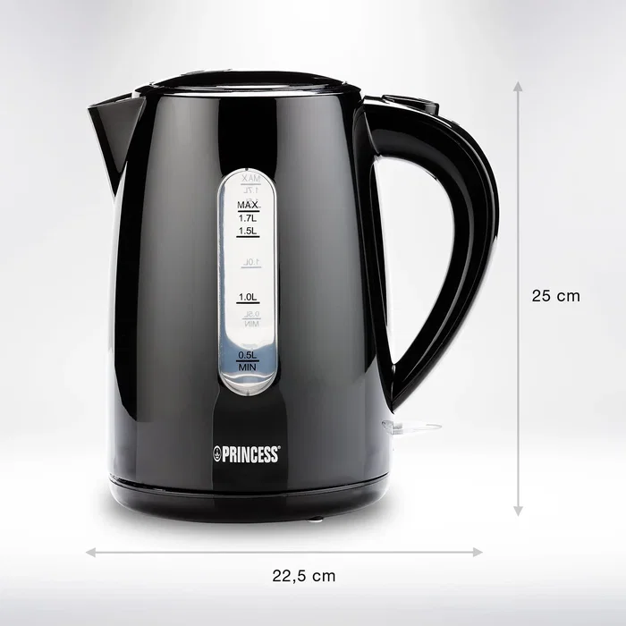 Princess 236017 Hervidor Eléctrico de Agua, 1.7 Litros, 2200 W, Color Negro, con Apagado Automático y Base Giratoria 360°