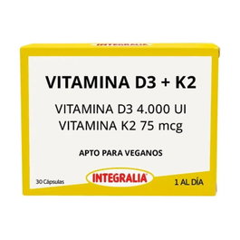 Integralia Vitamina D3 4000 IU + K2 75 mcg, 30 Cápsulas Vegetales, Suplemento para Huesos y Corazón