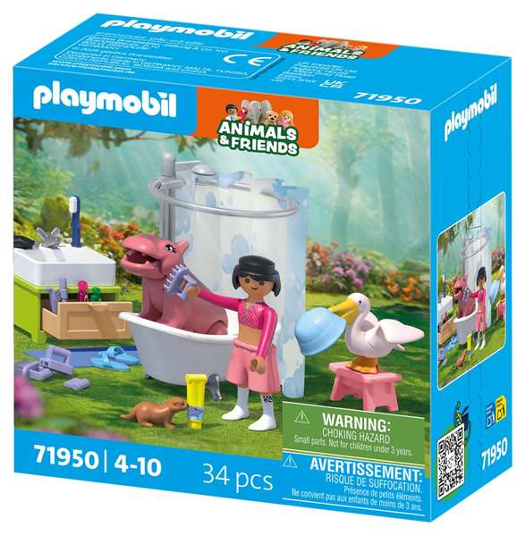 Playmobil Divertido Baño de Animales 1-2-3 - Figura de Mujer, Hipopótamo Bebé, Pelícano, Nutria, Accesorios, Edad Mínima 3 Años, Plástico