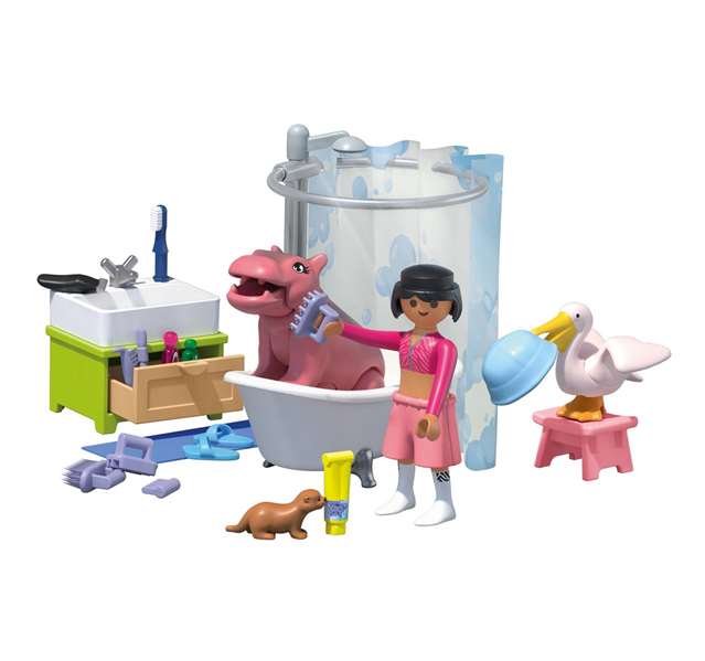 Playmobil Divertido Baño de Animales 1-2-3 - Figura de Mujer, Hipopótamo Bebé, Pelícano, Nutria, Accesorios, Edad Mínima 3 Años, Plástico