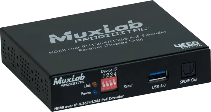MUXLAB Receptor HDMI H.264/H.265 PoE para Extensión de Señal HDMI sobre IP hasta 100m