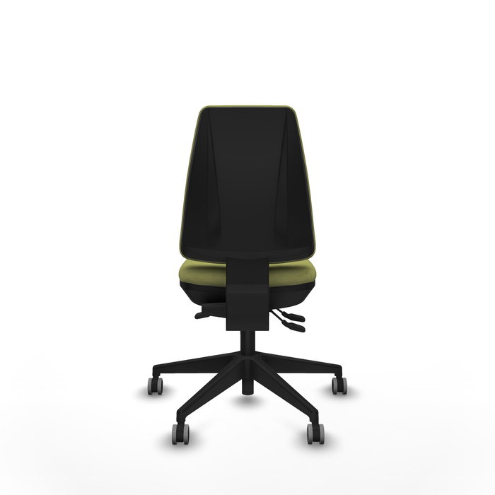 Silla de oficina Elche con mecanismo Asincro tapizada con Tela color Verde oliva. Equipada con Base piramidal negra, Sin brazos y Ruedas 65 mm parqué