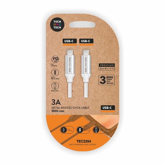 Tech One Tech Cable USB-C a USB-C de Nylon 1m Blanco TEC2204 Tech One Tech Cable USB-C a USB-C de Nylon 1m Blanco TEC2204