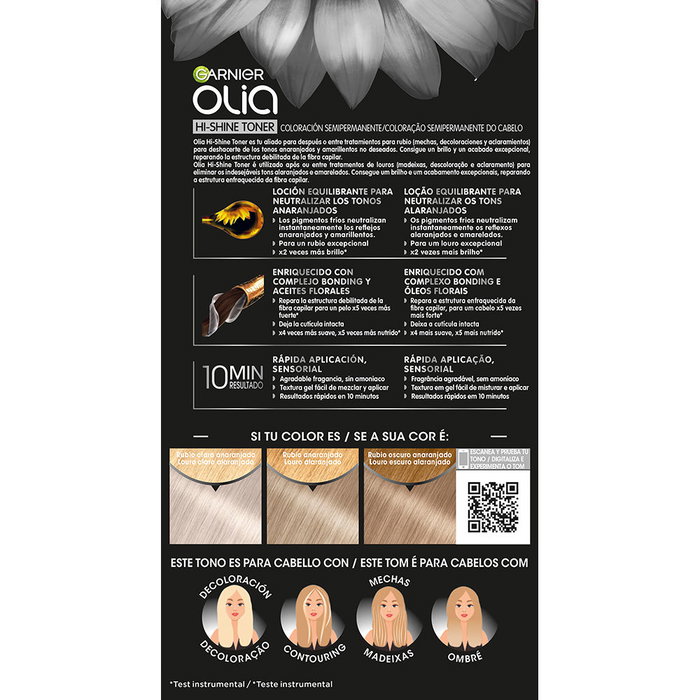 GARNIER OLIA Hi-Shine Toner - Tinte Semicoloración Neutralizador de Tonos #Rubio Ceniza - Para Cabello con Mechas o Aclarado - Sin Amoniaco - 1 unidad
