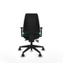 Silla de oficina Elche con mecanismo Asincro tapizada con Similpiel color Verde botella. Equipada con Base piramidal negra, Brazos 1D y Ruedas 65mm nailon