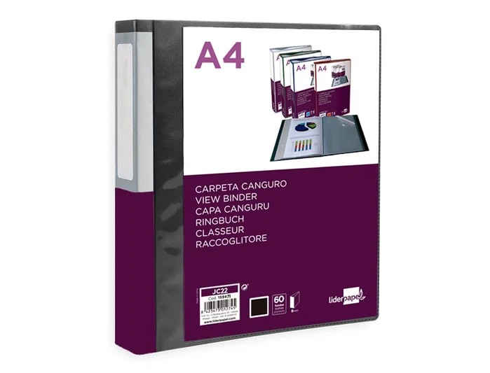 Liderpapel Carpeta 60 Fundas Canguro PP DIN A4 Negro Opaco Portada y Lomo Personalizable
